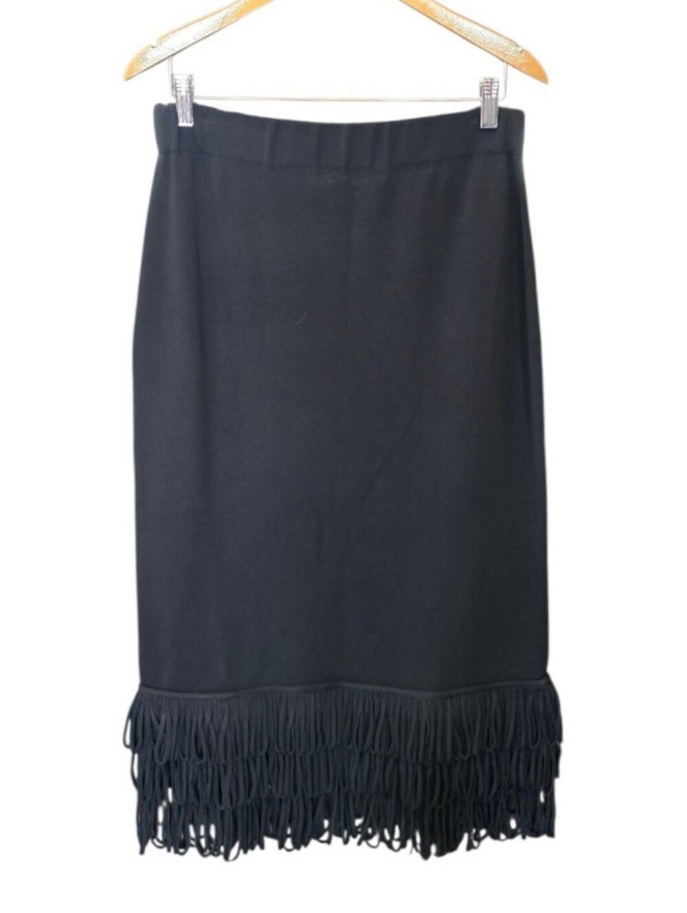 WHBM Black Fringe Hem Midi Fitted Pencil Skirt L